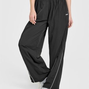 Oversized Piped Woven Straight Leg Track Bottoms Soft Black