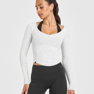 Mellow™ Rib V Neck Mid Long Sleeve Top Light Grey Marl